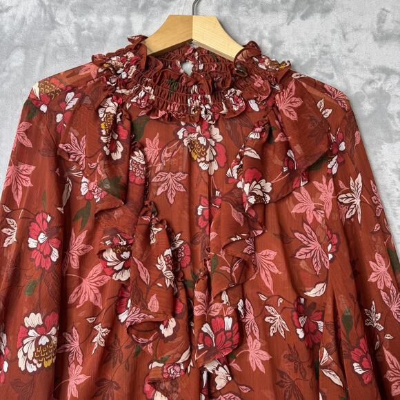 Eloquii Elements Blouse Womens 20 Brown Floral Ruffle Sheer Long Sleeve Boho Top - Picture 3 of 10